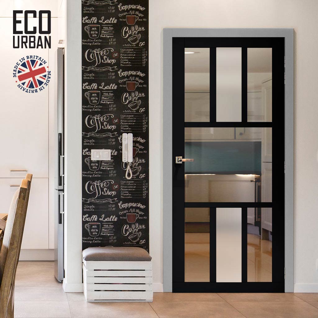 Handmade Eco-Urban Tasmania 7 Pane Solid Wood Internal Door UK Made DD6425G Clear Glass(1 FROSTED PANE) - Eco-Urban® Shadow Black Premium Primed