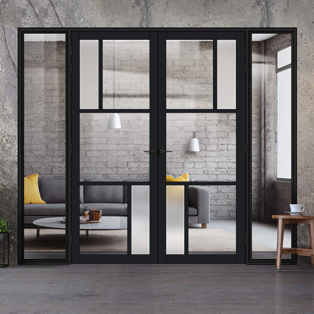 Bespoke Room Divider - Eco-Urban® Arran Door Pair DD6432CF Clear Glass(2 FROSTED PANES) with Full Glass Sides - Premium Primed - Colour & Size Options