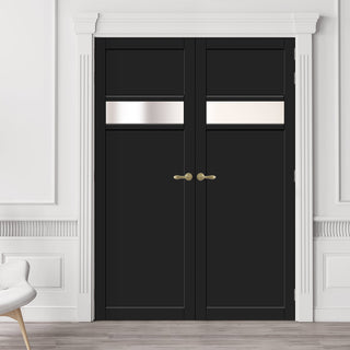 Image: Eco-Urban Orkney 1 Pane 2 Panel Solid Wood Internal Door Pair UK Made DD6403SG Frosted Glass - Eco-Urban® Shadow Black Premium Primed