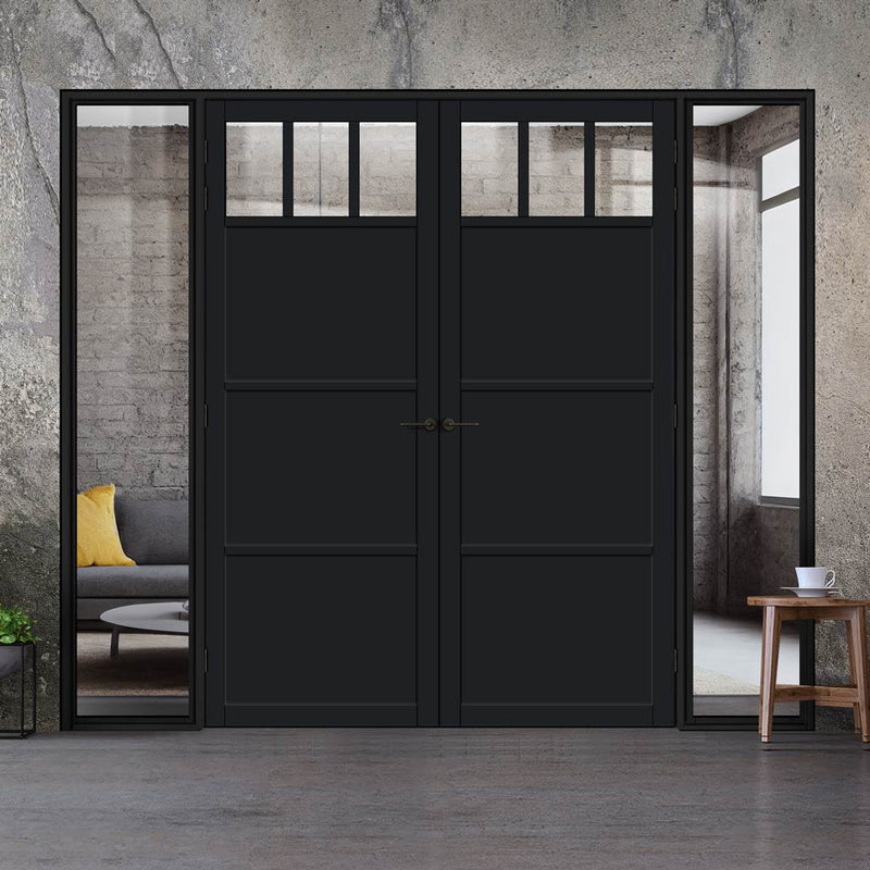 Bespoke Room Divider - Eco-Urban® Lagos Door Pair DD6427C - Clear Glass with Full Glass Sides - Premium Primed - Colour & Size Options