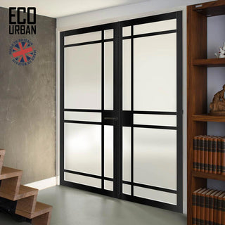 Image: Eco-Urban Leith 9 Pane Solid Wood Internal Door Pair UK Made DD6316SG - Frosted Glass - Eco-Urban® Shadow Black Premium Primed