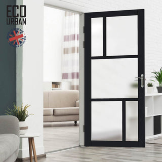 Image: Handmade Eco-Urban Aran 5 Pane Solid Wood Internal Door UK Made DD6432SG Frosted Glass - Eco-Urban® Shadow Black Premium Primed