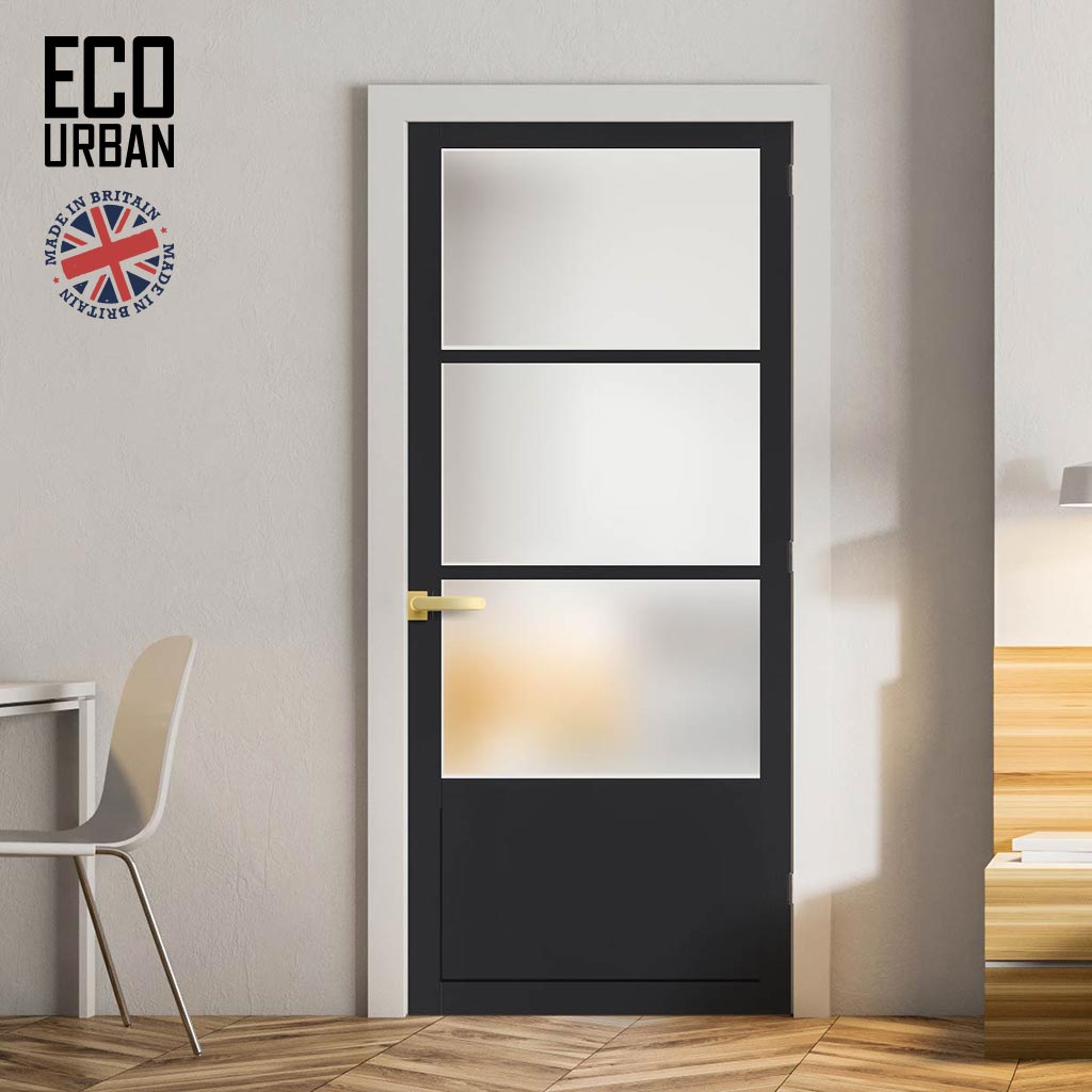 Handmade Eco-Urban Staten 3 Pane 1 Panel Solid Wood Internal Door UK Made DD6310SG - Frosted Glass - Eco-Urban® Shadow Black Premium Primed