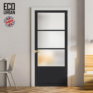 Image: Handmade Eco-Urban Staten 3 Pane 1 Panel Solid Wood Internal Door UK Made DD6310SG - Frosted Glass - Eco-Urban® Shadow Black Premium Primed