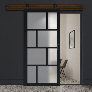 Image: Top Mounted Black Sliding Track & Solid Wood Door - Eco-Urban® Kochi 8 Pane Solid Wood Door DD6415SG Frosted Glass - Shadow Black Premium Primed