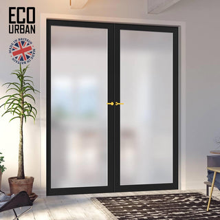 Image: Eco-Urban Baltimore 1 Pane Solid Wood Internal Door Pair UK Made DD6301SG - Frosted Glass - Eco-Urban® Shadow Black Premium Primed