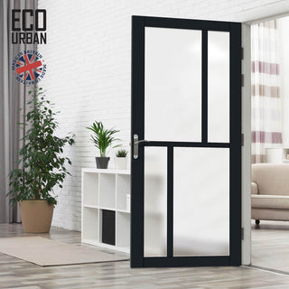 Image: Handmade Eco-Urban Hampton 4 Pane Solid Wood Internal Door UK Made DD6413SG Frosted Glass - Eco-Urban® Shadow Black Premium Primed