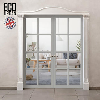 Image: Perth 8 Pane Solid Wood Internal Door Pair UK Made DD6318G - Clear Glass - Eco-Urban® Mist Grey Premium Primed