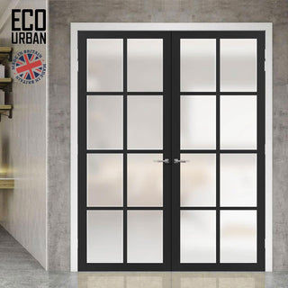 Image: Eco-Urban Perth 8 Pane Solid Wood Internal Door Pair UK Made DD6318SG - Frosted Glass - Eco-Urban® Shadow Black Premium Primed
