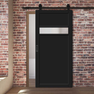 Image: Top Mounted Black Sliding Track & Solid Wood Door - Eco-Urban® Orkney 1 Pane 2 Panel Solid Wood Door DD6403SG Frosted Glass - Shadow Black Premium Primed