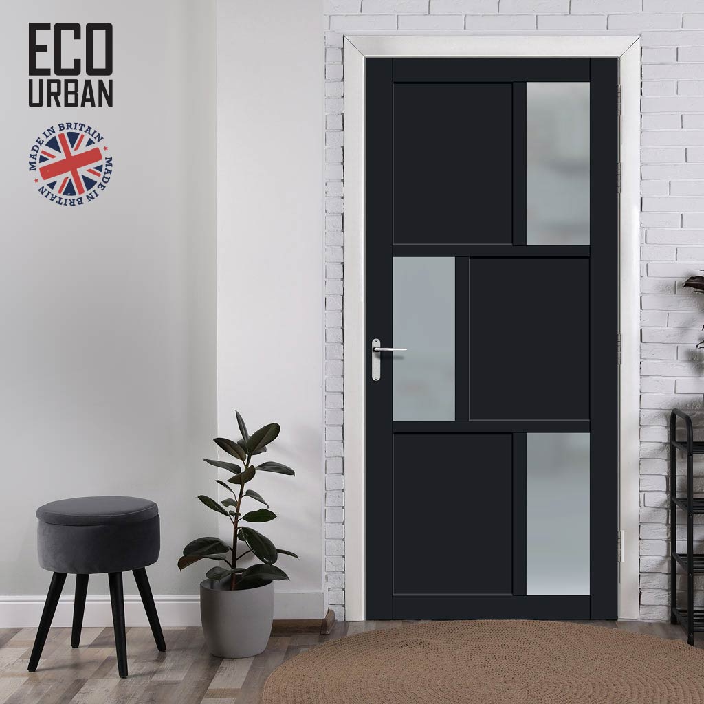 Handmade Eco-Urban Tokyo 3 Pane 3 Panel Solid Wood Internal Door UK Made DD6423SG Frosted Glass - Eco-Urban® Shadow Black Premium Primed