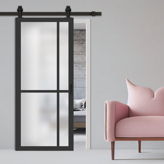 Image: Top Mounted Black Sliding Track & Solid Wood Door - Eco-Urban® Marfa 4 Pane Solid Wood Door DD6313SG - Frosted Glass - Shadow Black Premium Primed