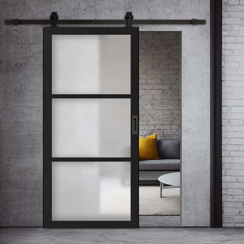 Top Mounted Black Sliding Track & Solid Wood Door - Eco-Urban® Manchester 3 Pane Solid Wood Door DD6306SG - Frosted Glass - Shadow Black Premium Primed