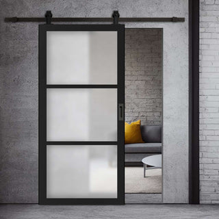 Image: Top Mounted Black Sliding Track & Solid Wood Door - Eco-Urban® Manchester 3 Pane Solid Wood Door DD6306SG - Frosted Glass - Shadow Black Premium Primed