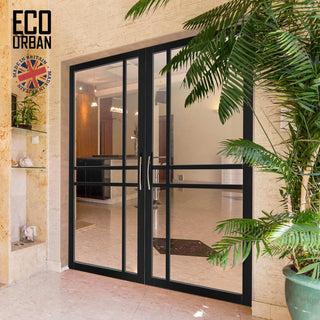 Image: Glasgow 6 Pane Solid Wood Internal Door Pair UK Made DD6314G - Clear Glass - Eco-Urban® Shadow Black Premium Primed