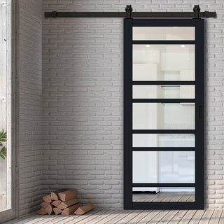 Image: Top Mounted Black Sliding Track & Solid Wood Door - Eco-Urban® Metropolitan 7 Pane Solid Wood Door DD6405G Clear Glass - Shadow Black Premium Primed