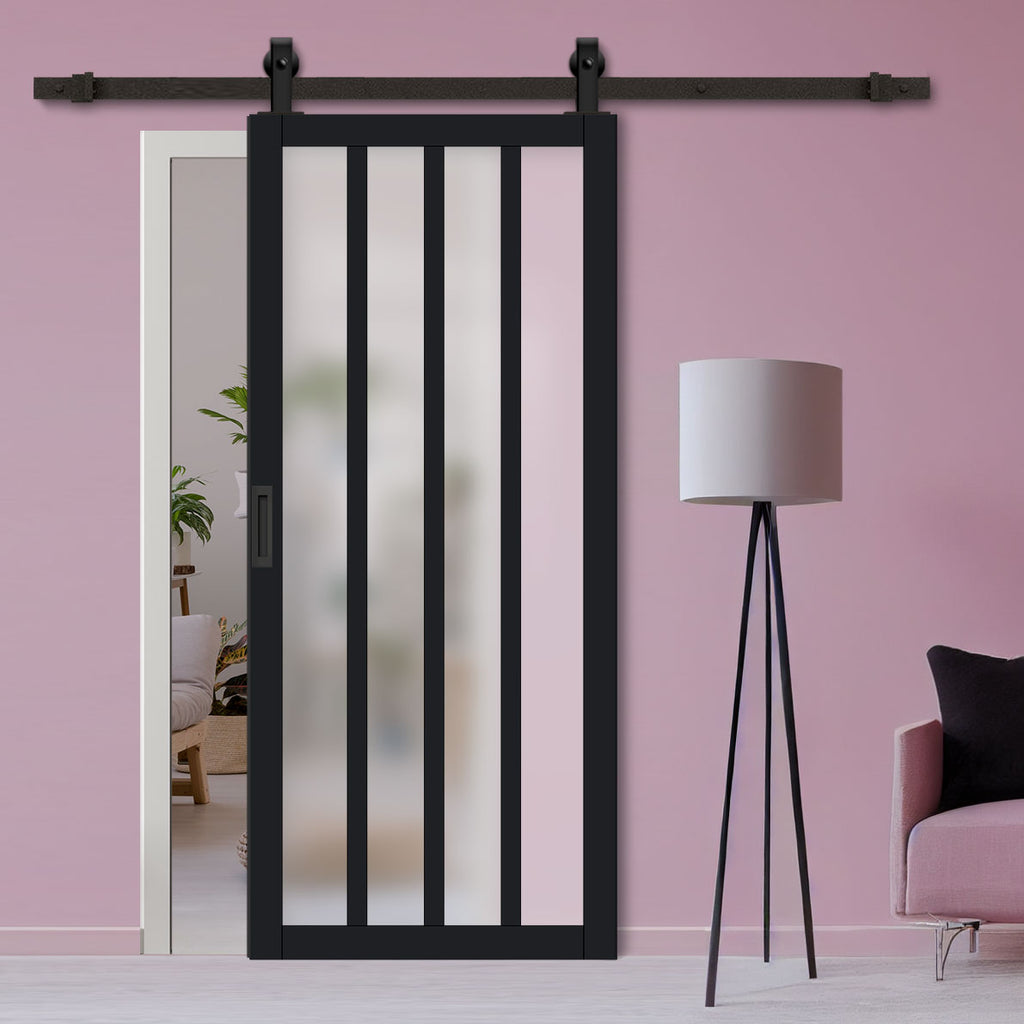 Top Mounted Black Sliding Track & Solid Wood Door - Eco-Urban® Sintra 4 Pane Solid Wood Door DD6428SG Frosted Glass - Shadow Black Premium Primed