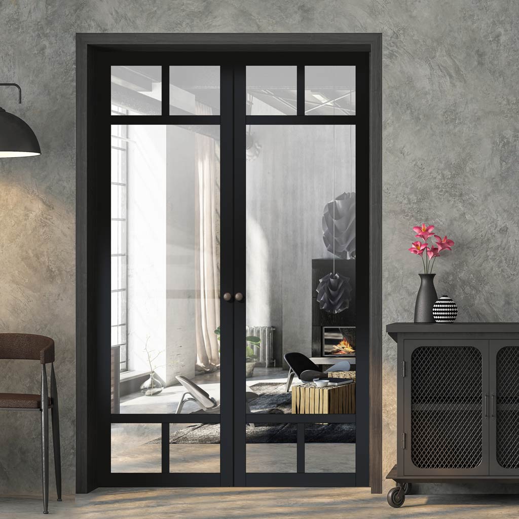 Eco-Urban Sydney 5 Pane Solid Wood Internal Door Pair UK Made DD6417G Clear Glass - Eco-Urban® Shadow Black Premium Primed