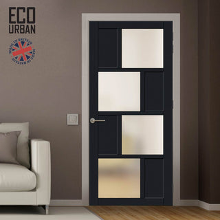 Image: Handmade Eco-Urban Cusco 4 Pane 4 Panel Solid Wood Internal Door UK Made DD6416SG Frosted Glass - Eco-Urban® Shadow Black Premium Primed