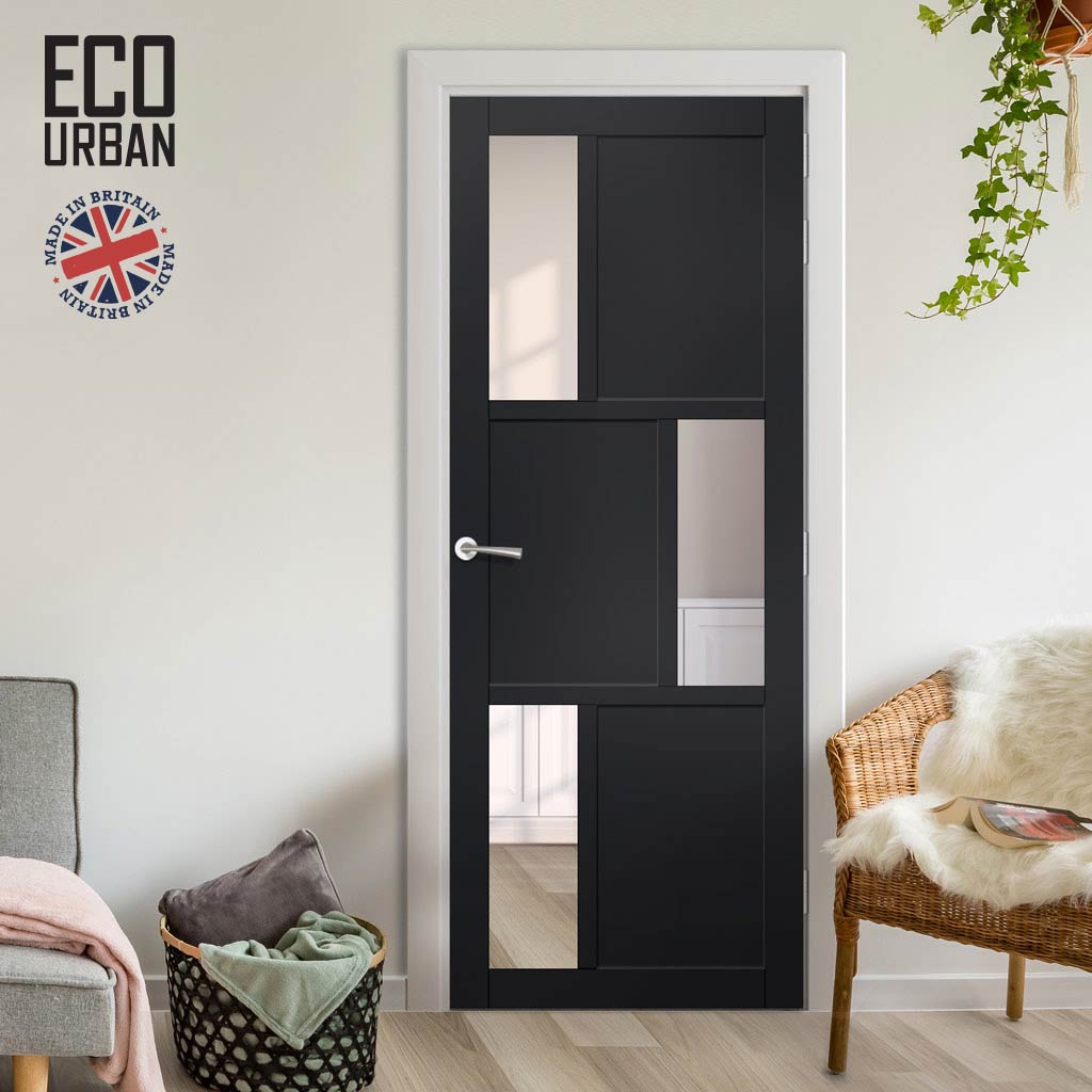 Handmade Eco-Urban Tokyo 3 Pane 3 Panel Solid Wood Internal Door UK Made DD6423G Clear Glass - Eco-Urban® Shadow Black Premium Primed