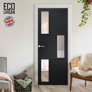 Image: Handmade Eco-Urban Tokyo 3 Pane 3 Panel Solid Wood Internal Door UK Made DD6423G Clear Glass - Eco-Urban® Shadow Black Premium Primed