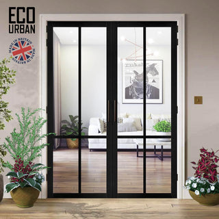 Image: Bronx 4 Pane Solid Wood Internal Door Pair UK Made DD6315G - Clear Glass - Eco-Urban® Shadow Black Premium Primed