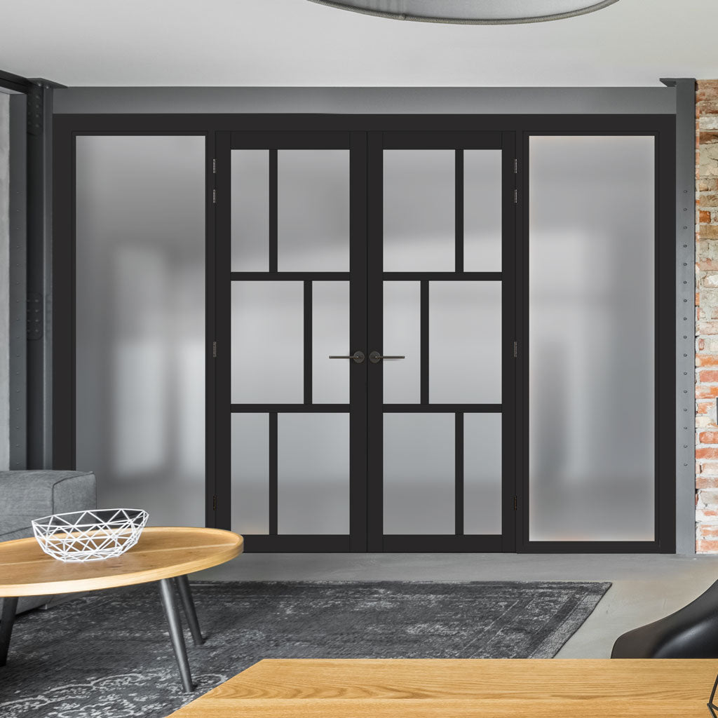 Bespoke Room Divider - Eco-Urban® Milan Door Pair DD6422F - Frosted Glass with Full Glass Sides - Premium Primed - Colour & Size Options