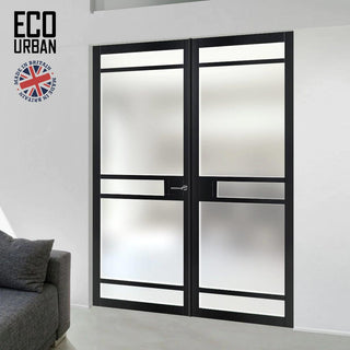 Image: Eco-Urban Sheffield 5 Pane Solid Wood Internal Door Pair UK Made DD6312SG - Frosted Glass - Eco-Urban® Shadow Black Premium Primed