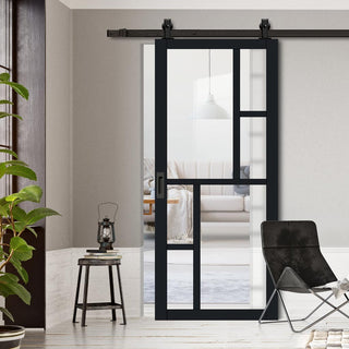 Image: Top Mounted Black Sliding Track & Solid Wood Door - Eco-Urban® Cairo 6 Pane Solid Wood Door DD6419G Clear Glass - Shadow Black Premium Primed