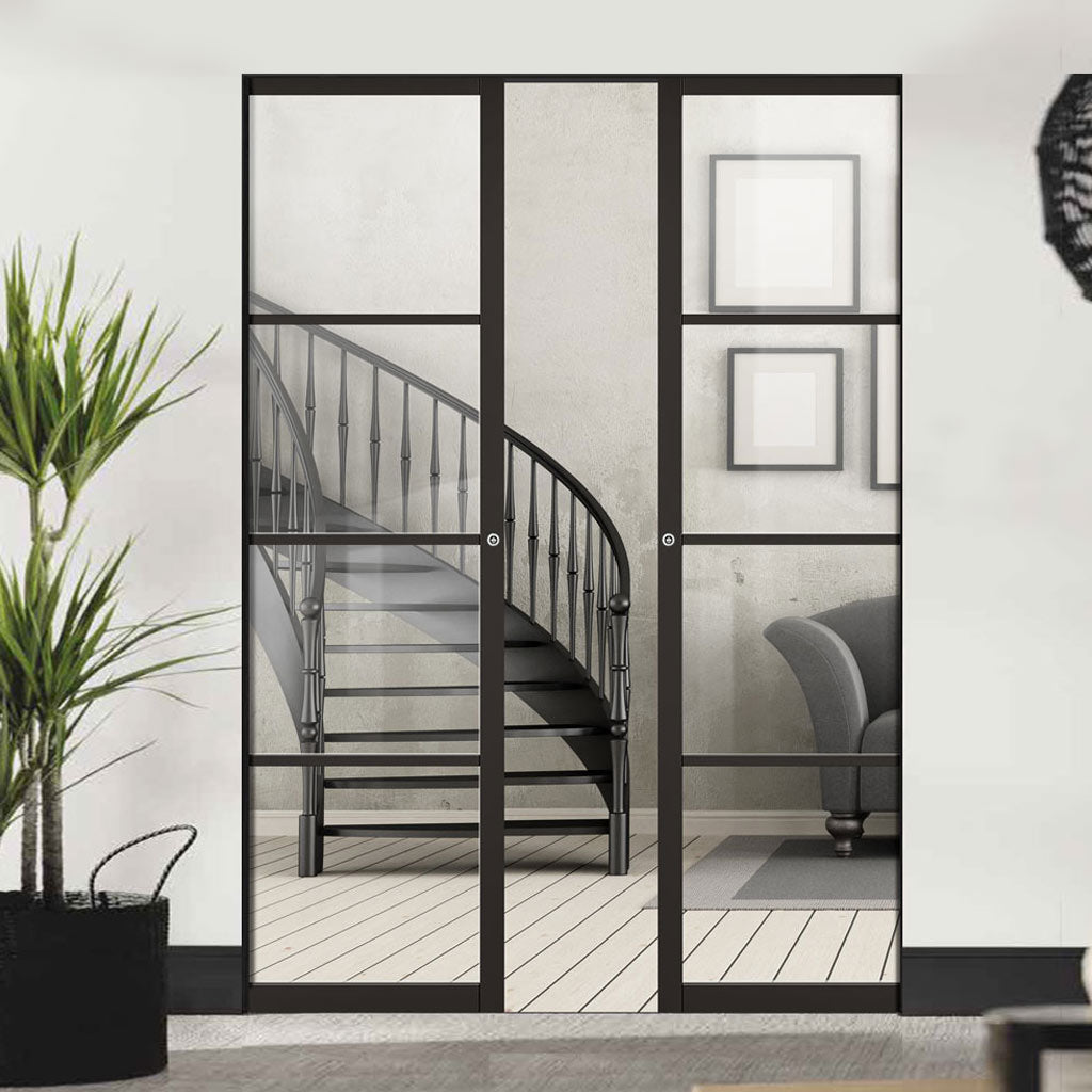 Soho 4 Pane Black Prefinished Absolute Evokit Double Pocket Doors - Cl