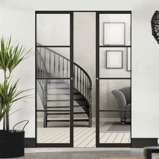 Image: Soho 4 Pane Black Primed Absolute Evokit Double Pocket Doors - Clear Glass