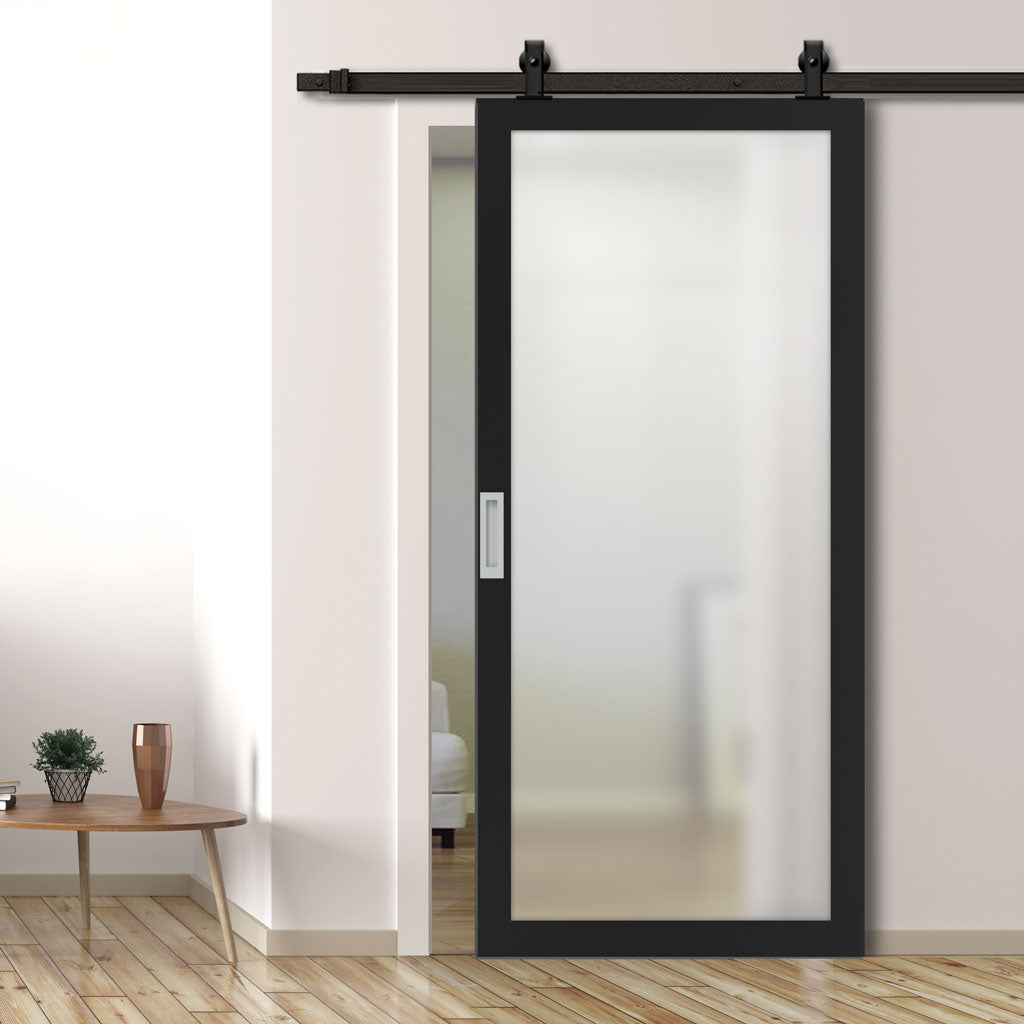 Top Mounted Black Sliding Track & Solid Wood Door - Eco-Urban® Baltimore 1 Pane Solid Wood Door DD6301SG - Frosted Glass - Shadow Black Premium Primed