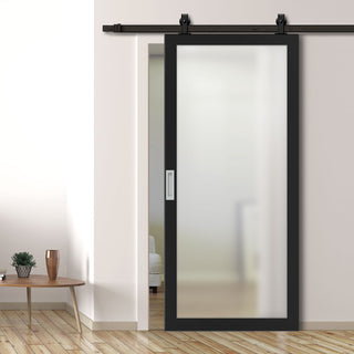 Image: Top Mounted Black Sliding Track & Solid Wood Door - Eco-Urban® Baltimore 1 Pane Solid Wood Door DD6301SG - Frosted Glass - Shadow Black Premium Primed