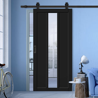 Image: Top Mounted Black Sliding Track & Solid Wood Door - Eco-Urban® Cornwall 1 Pane 2 Panel Solid Wood Door DD6404G Clear Glass - Shadow Black Premium Primed