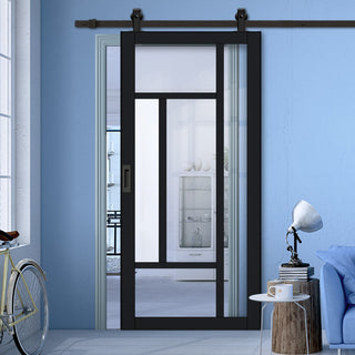 Image: Top Mounted Black Sliding Track & Solid Wood Door - Eco-Urban® Portobello 5 Pane Solid Wood Door DD6438G Clear Glass(1 FROSTED PANE) - Shadow Black Premium Primed