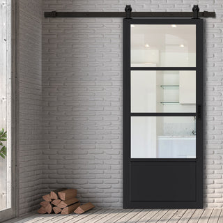 Image: Top Mounted Black Sliding Track & Solid Wood Door - Eco-Urban® Staten 3 Pane 1 Panel Solid Wood Door DD6310G - Clear Glass - Shadow Black Premium Primed