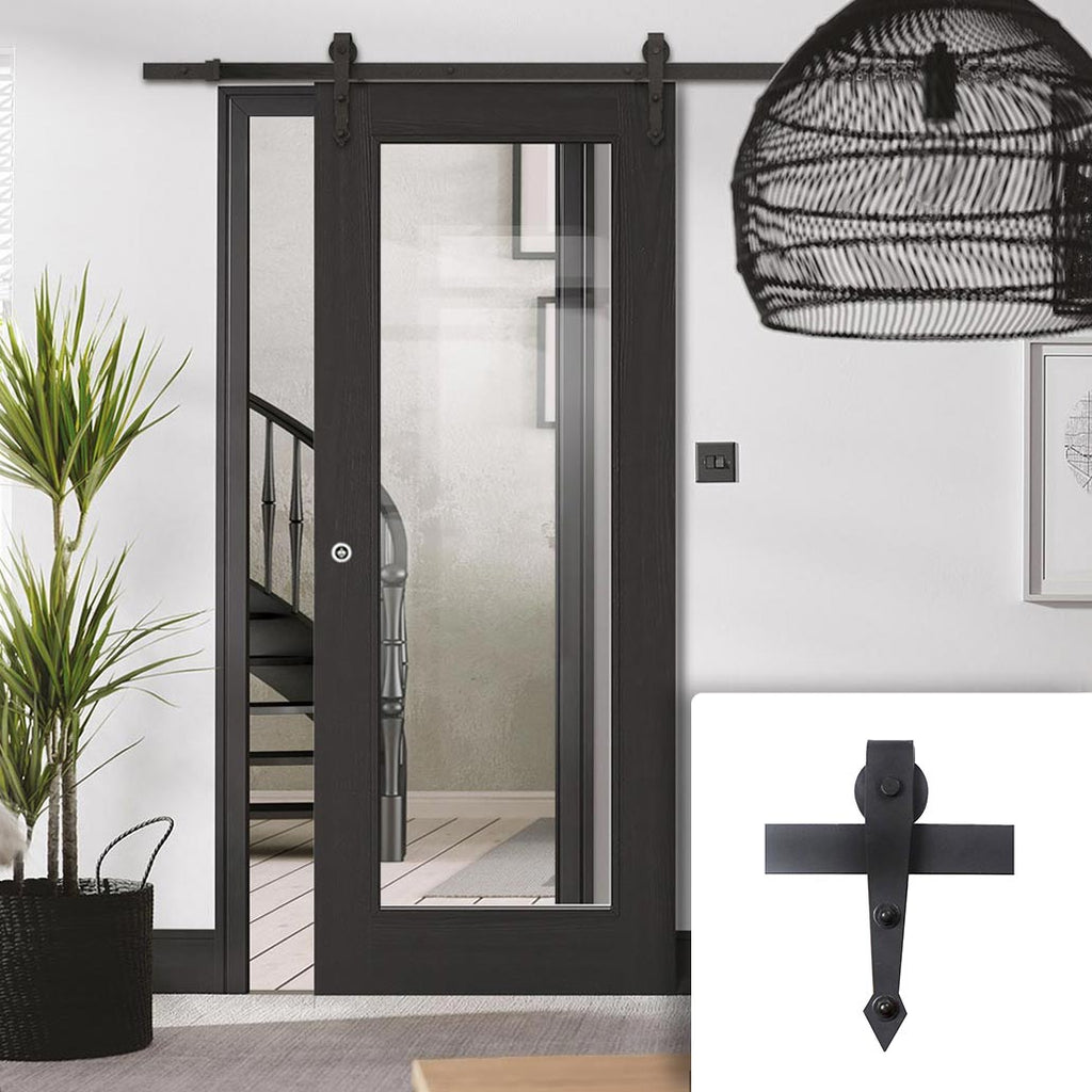 Single Sliding Door & Arrowhead Black Track - Diez Charcoal Black 1L Door - Raised Mouldings - Clear Glass - Prefinished