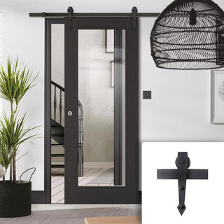 Image: Single Sliding Door & Arrowhead Black Track - Diez Charcoal Black 1L Door - Raised Mouldings - Clear Glass - Prefinished