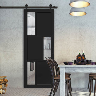 Image: Top Mounted Black Sliding Track & Solid Wood Door - Eco-Urban® Tokyo 3 Pane 3 Panel Solid Wood Door DD6423G Clear Glass - Shadow Black Premium Primed