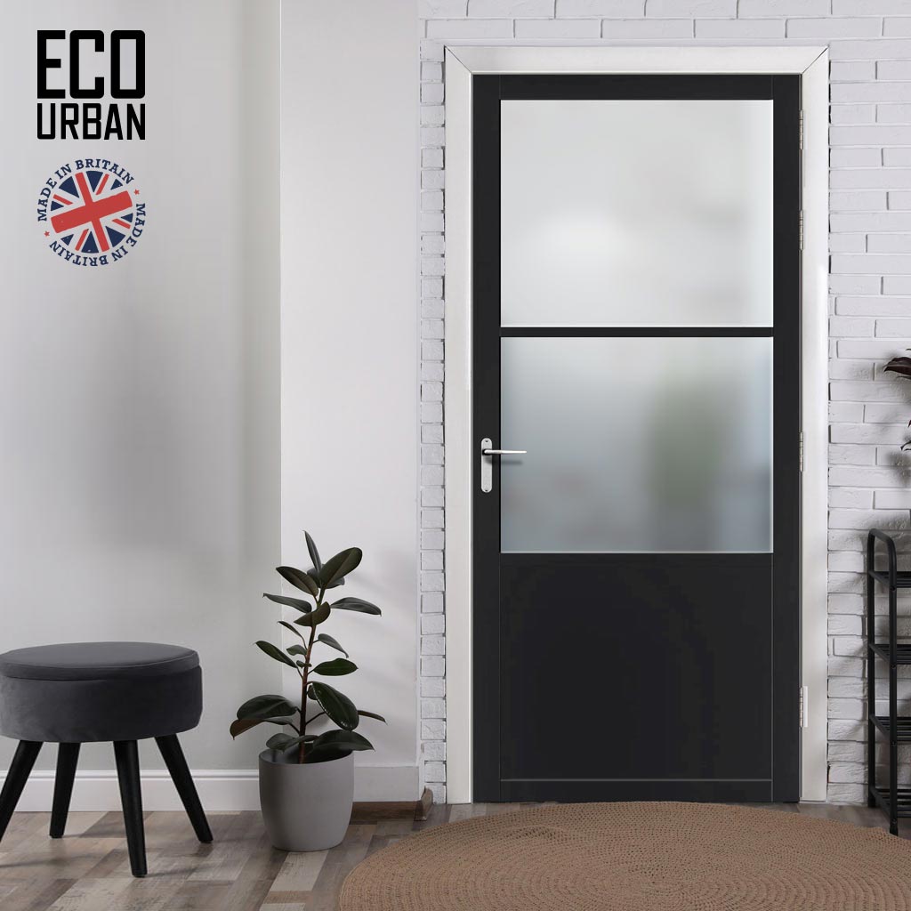 Handmade Eco-Urban Berkley 2 Pane 1 Panel Solid Wood Internal Door UK Made DD6309SG - Frosted Glass - Eco-Urban® Shadow Black Premium Primed