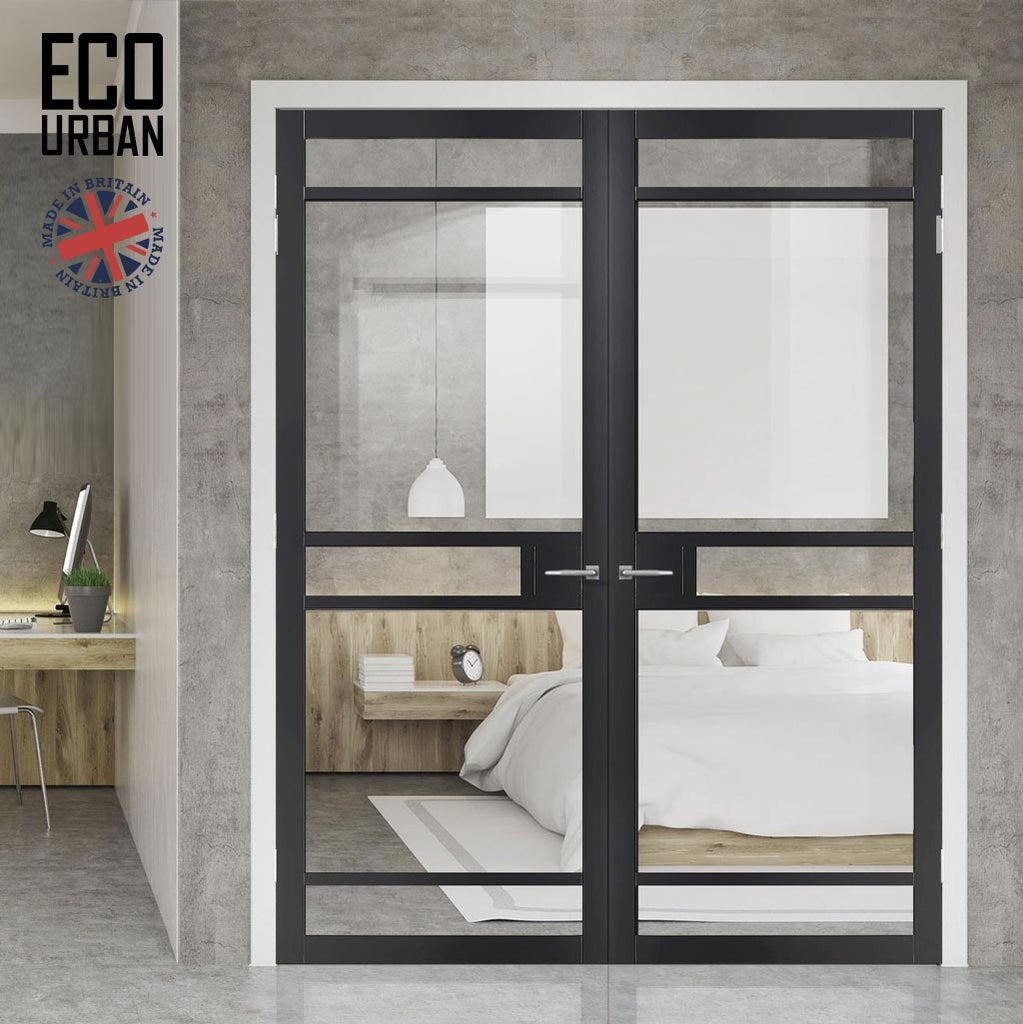 Sheffield 5 Pane Solid Wood Internal Door Pair UK Made DD6312G - Clear Glass - Eco-Urban® Shadow Black Premium Primed