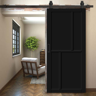 Image: Top Mounted Black Sliding Track & Solid Wood Door - Eco-Urban® Hampton 4 Panel Solid Wood Door DD6413 - Shadow Black Premium Primed