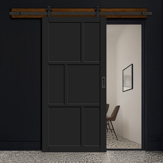 Image: Top Mounted Black Sliding Track & Solid Wood Door - Eco-Urban® Milan 6 Panel Solid Wood Door DD6422 - Shadow Black Premium Primed