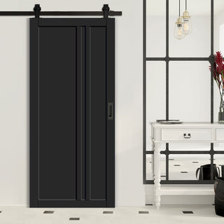 Image: Top Mounted Black Sliding Track & Solid Wood Door - Eco-Urban® Melville 3 Panel Solid Wood Door DD6409 - Shadow Black Premium Primed