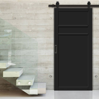 Image: Top Mounted Black Sliding Track & Solid Wood Door - Eco-Urban® Orkney 3 Panel Solid Wood Door DD6403 - Shadow Black Premium Primed