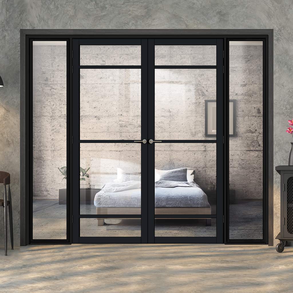 Bespoke Room Divider - Eco-Urban® Malvan Door Pair DD6414C - Clear Glass with Full Glass Sides - Premium Primed - Colour & Size Options