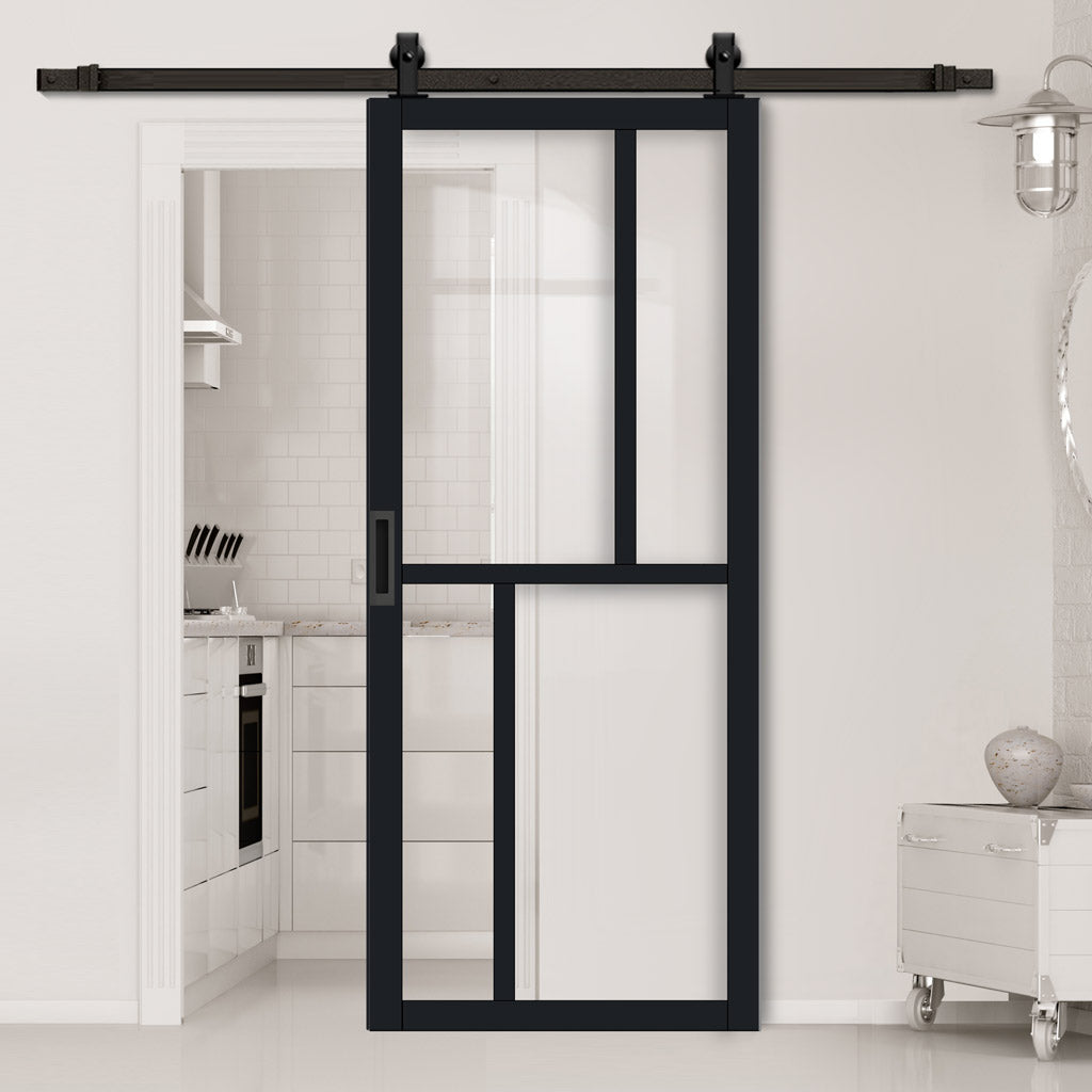 Top Mounted Black Sliding Track & Solid Wood Door - Eco-Urban® Hampton 4 Pane Solid Wood Door DD6413G Clear Glass - Shadow Black Premium Primed