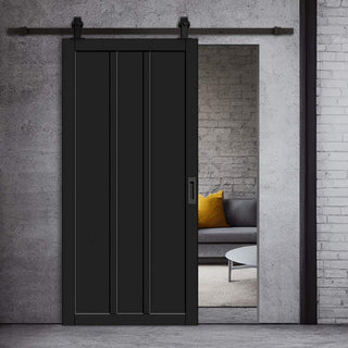 Image: Top Mounted Black Sliding Track & Solid Wood Door - Eco-Urban® Cornwall 3 Panel Solid Wood Door DD6404 - Shadow Black Premium Primed
