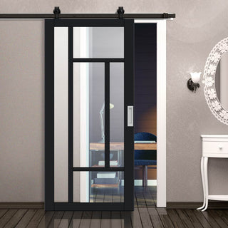 Image: Top Mounted Black Sliding Track & Solid Wood Door - Eco-Urban® Morningside 5 Pane Solid Wood Door DD6437G Clear Glass - Shadow Black Premium Primed