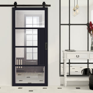 Image: Top Mounted Black Sliding Track & Solid Wood Door - Eco-Urban® Boston 4 Pane Solid Wood Door DD6311G - Clear Glass - Shadow Black Premium Primed